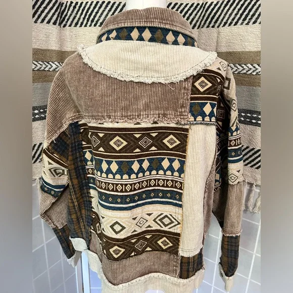 34. NWOT Oli & Hali Brown/Tan/Navy/Cream Patchwork Corduroy Oversized Jacket - Picture 2 of 3